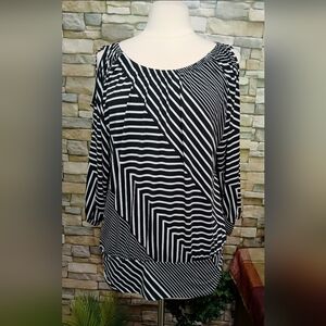 Robert Louis Black and White Striped Blouse Cold Shoulder Business Casual